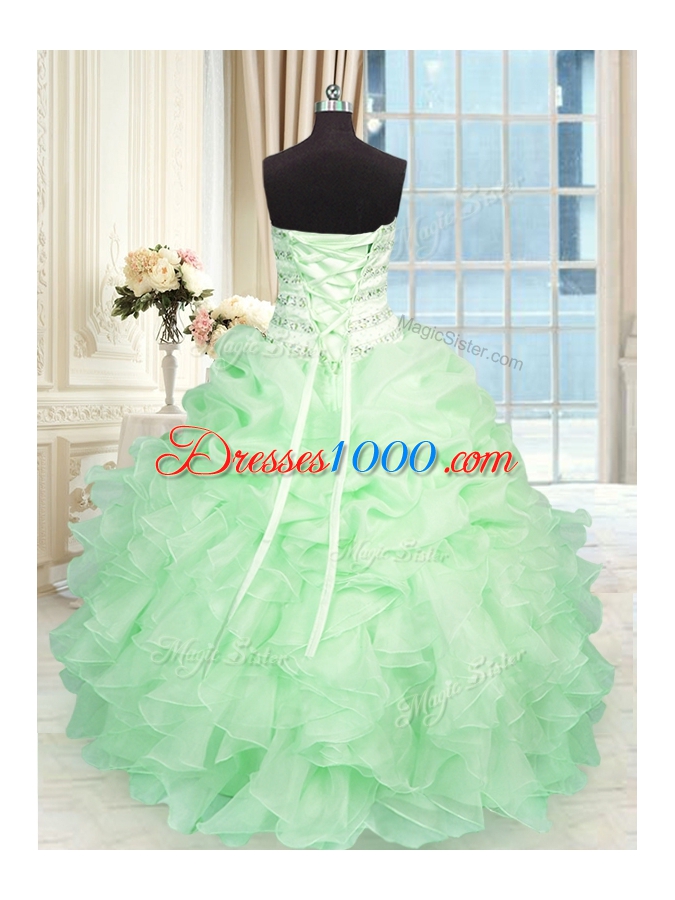 Smart Apple Green Sweetheart Neckline Beading and Ruffles 15th Birthday Dress Sleeveless Lace Up