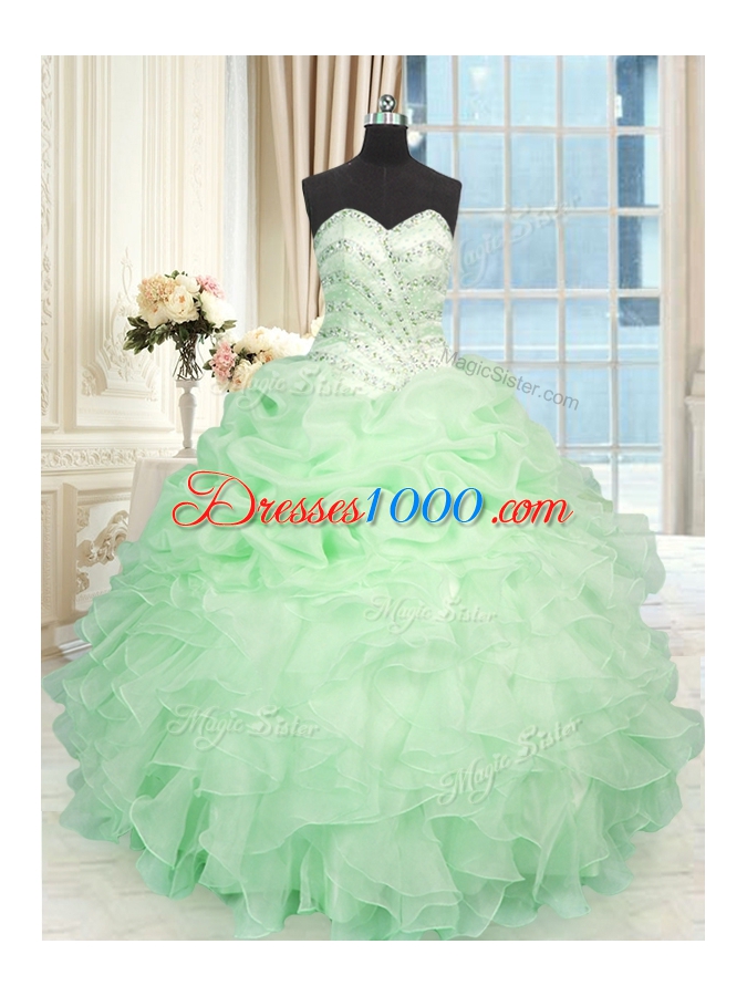 Smart Apple Green Sweetheart Neckline Beading and Ruffles 15th Birthday Dress Sleeveless Lace Up