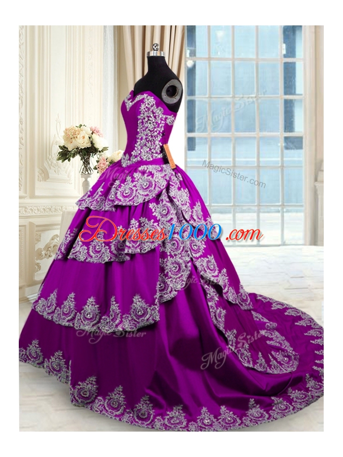 Eggplant Purple Ball Gowns Sweetheart Sleeveless Taffeta With Train Lace Up Beading and Appliques and Ruffled Layers Quinceanera Gowns