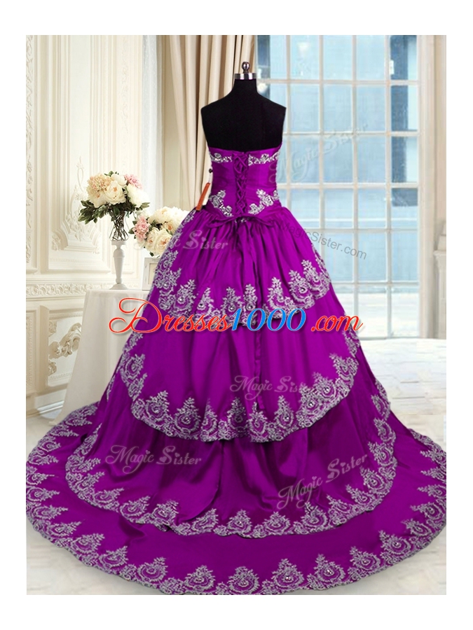 Eggplant Purple Ball Gowns Sweetheart Sleeveless Taffeta With Train Lace Up Beading and Appliques and Ruffled Layers Quinceanera Gowns
