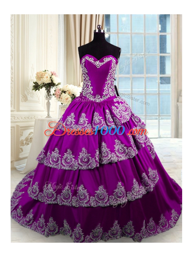 Eggplant Purple Ball Gowns Sweetheart Sleeveless Taffeta With Train Lace Up Beading and Appliques and Ruffled Layers Quinceanera Gowns
