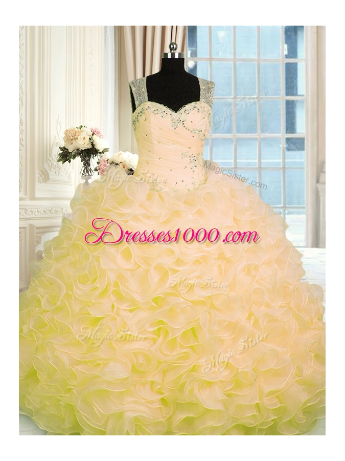 Eye-catching Gold Sleeveless Organza Zipper Quince Ball Gowns for Military Ball and Sweet 16 and Quinceanera