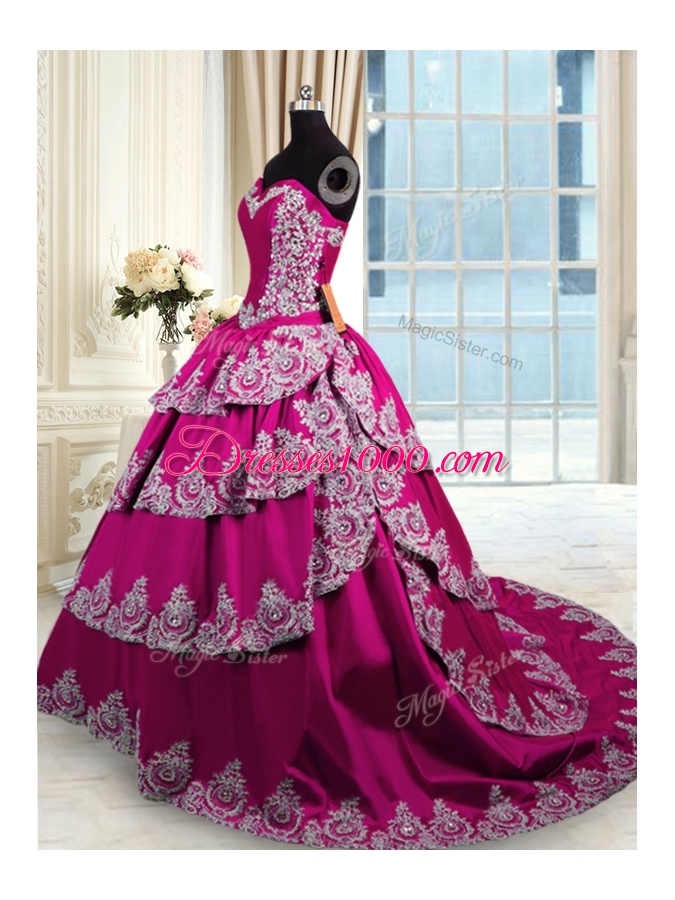 Flirting Sweetheart Sleeveless 15th Birthday Dress With Train Court Train Beading and Appliques and Embroidery and Ruffled Layers Fuchsia Taffeta