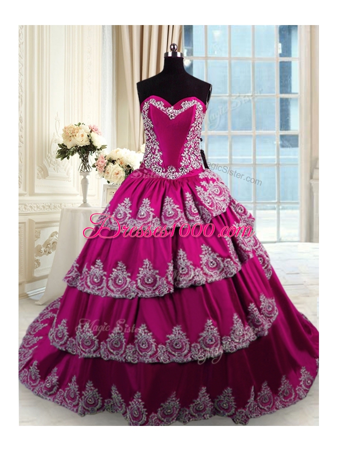 Flirting Sweetheart Sleeveless 15th Birthday Dress With Train Court Train Beading and Appliques and Embroidery and Ruffled Layers Fuchsia Taffeta