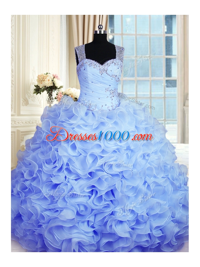 Floor Length Ball Gowns Sleeveless Baby Blue Quince Ball Gowns Zipper