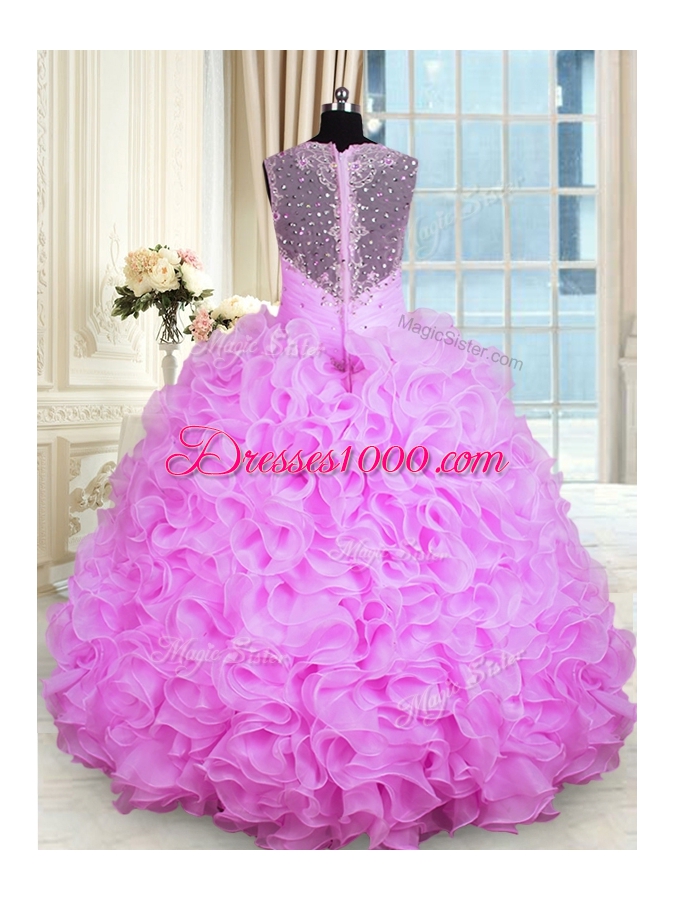 Sleeveless Zipper Floor Length Beading and Ruffles 15th Birthday Dress