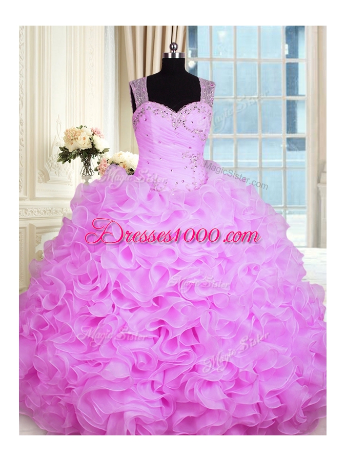 Sleeveless Zipper Floor Length Beading and Ruffles 15th Birthday Dress