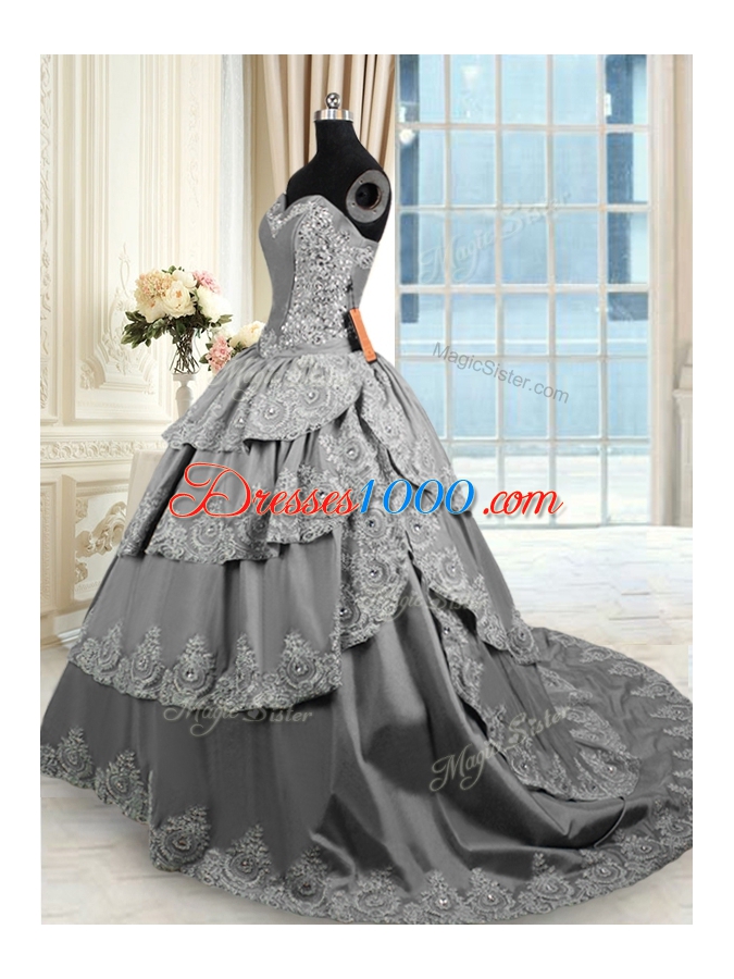 Wonderful Grey Lace Up 15 Quinceanera Dress Beading and Appliques and Ruffled Layers Sleeveless With Train Court Train