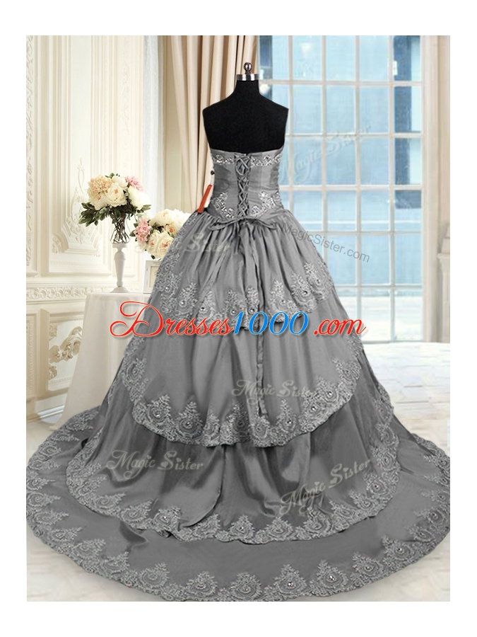 Wonderful Grey Lace Up 15 Quinceanera Dress Beading and Appliques and Ruffled Layers Sleeveless With Train Court Train