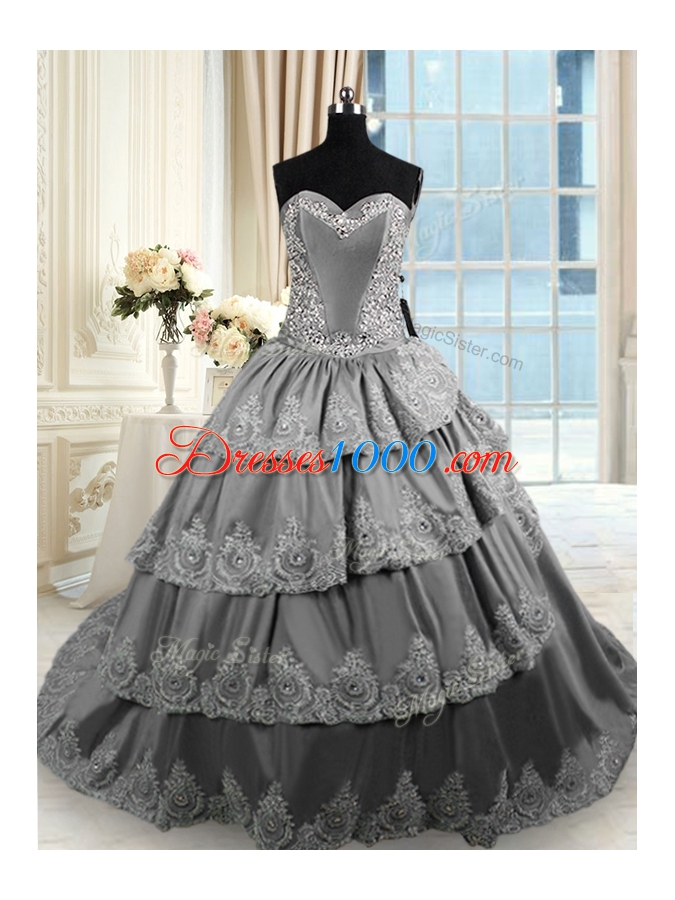 Wonderful Grey Lace Up 15 Quinceanera Dress Beading and Appliques and Ruffled Layers Sleeveless With Train Court Train