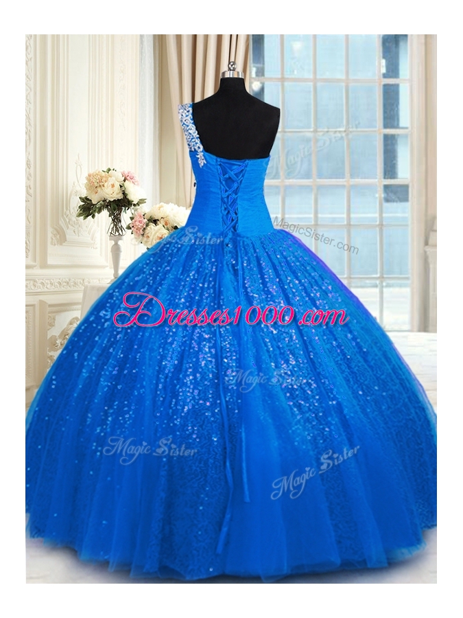 Artistic Floor Length Blue 15th Birthday Dress One Shoulder Sleeveless Lace Up