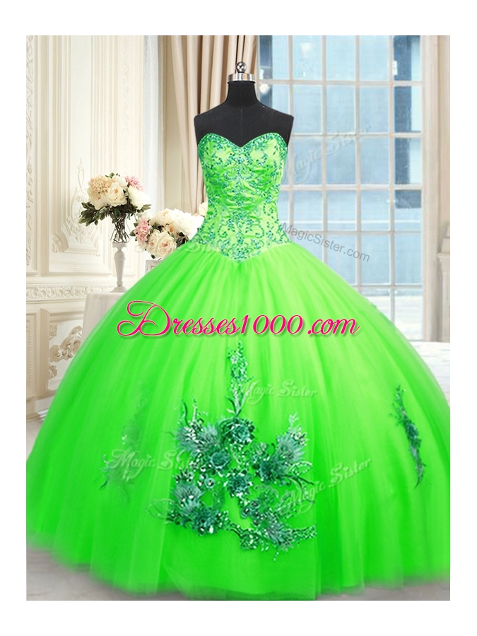 Ball Gowns Tulle Sweetheart Sleeveless Appliques Floor Length Lace Up Sweet 16 Dresses