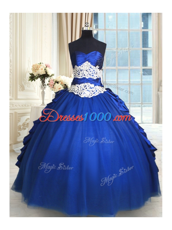 Beading and Lace and Appliques and Ruffles and Pick Ups 15 Quinceanera Dress Royal Blue Lace Up Sleeveless Floor Length
