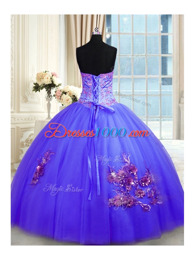 Blue Sweetheart Lace Up Embroidery Sweet 16 Dress Sleeveless