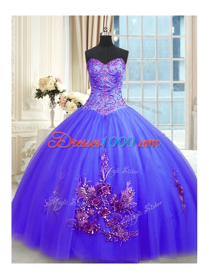 Blue Sweetheart Lace Up Embroidery Sweet 16 Dress Sleeveless