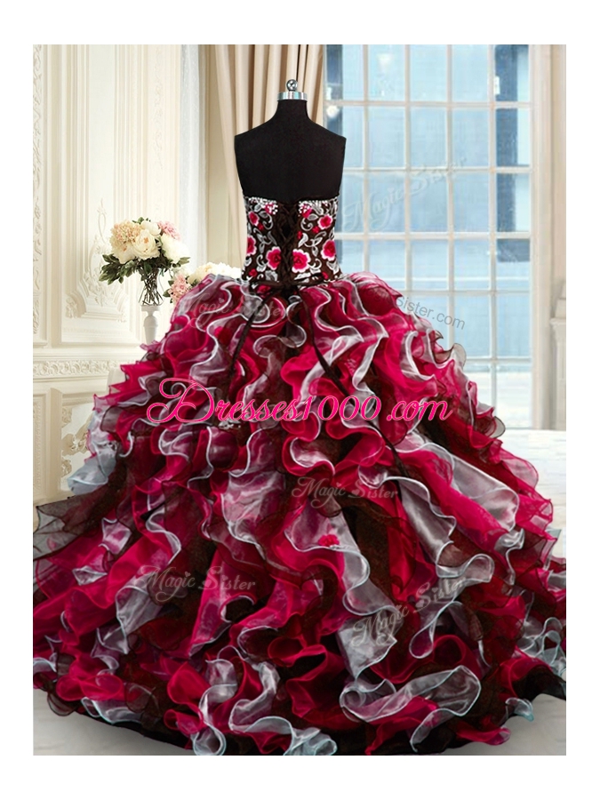 Deluxe Sweetheart Sleeveless Quinceanera Dress Floor Length Beading and Appliques Multi-color Organza