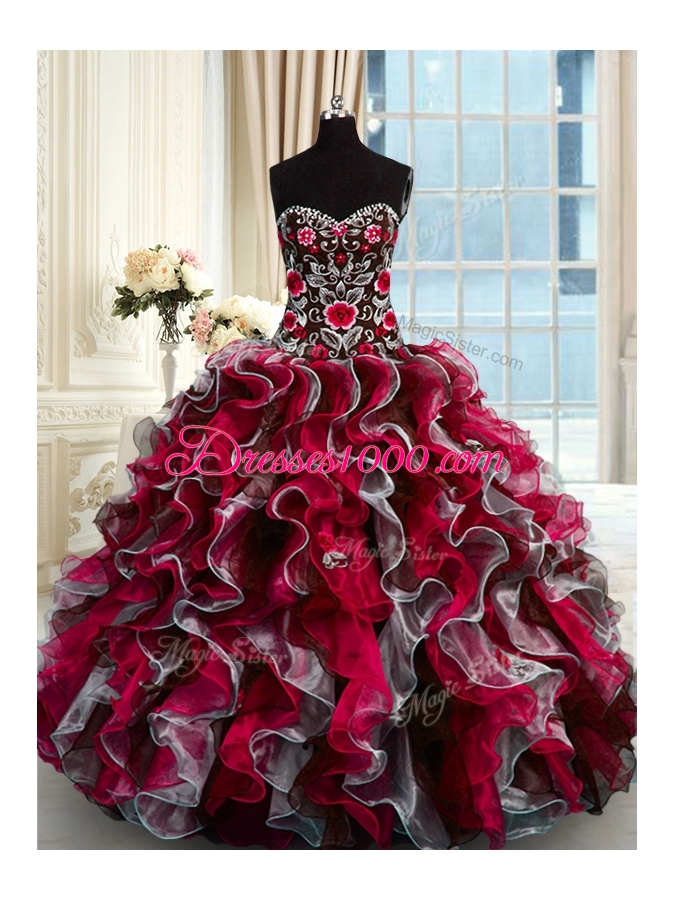 Deluxe Sweetheart Sleeveless Quinceanera Dress Floor Length Beading and Appliques Multi-color Organza