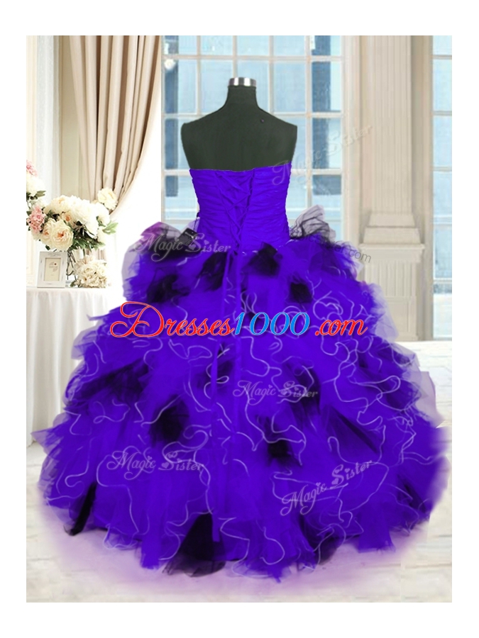 Elegant Strapless Sleeveless 15th Birthday Dress Floor Length Beading and Ruffles Black And Purple Tulle