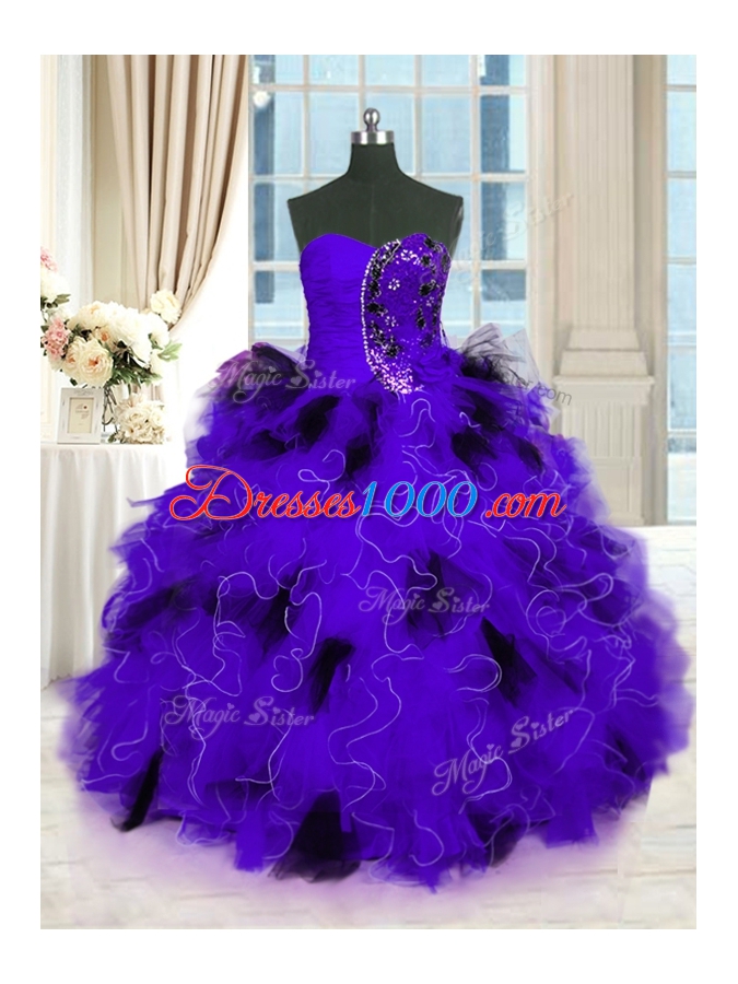Elegant Strapless Sleeveless 15th Birthday Dress Floor Length Beading and Ruffles Black And Purple Tulle