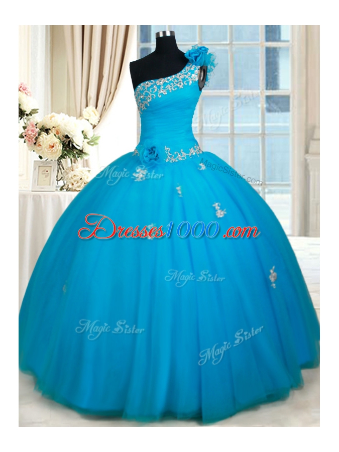 Exquisite One Shoulder Zipper Up Quinceanera Dress with Beading and Handmade Flowers