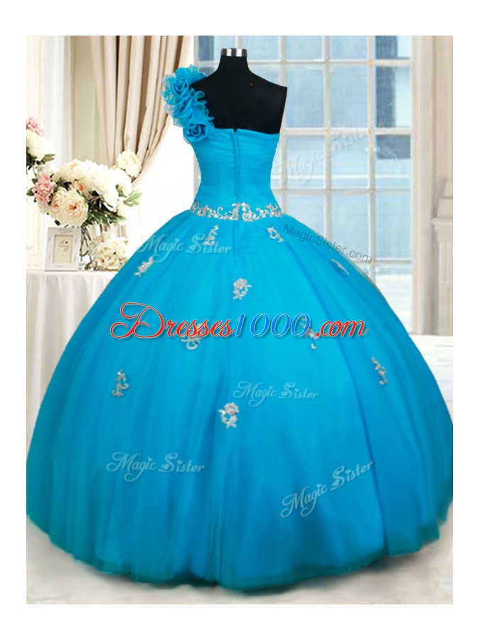 Exquisite One Shoulder Zipper Up Quinceanera Dress with Beading and Handmade Flowers