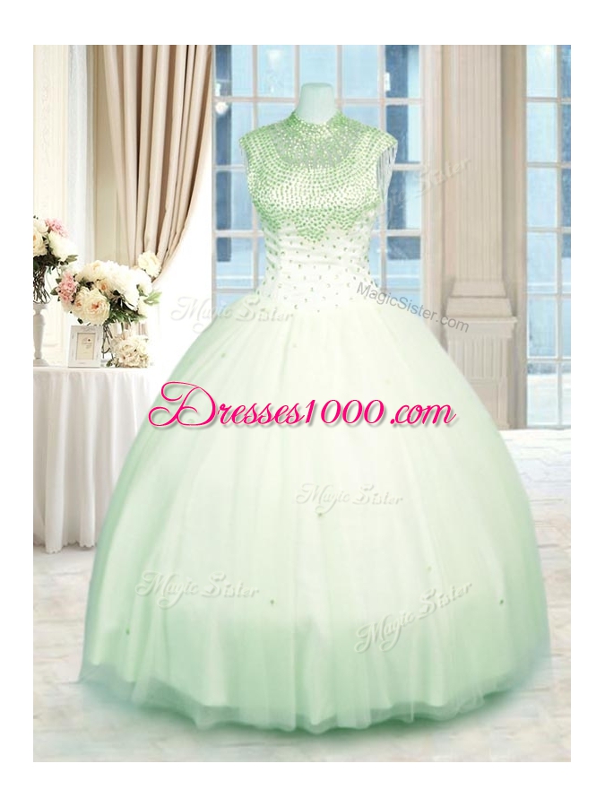Floor Length Green Quinceanera Dresses High-neck Sleeveless Zipper