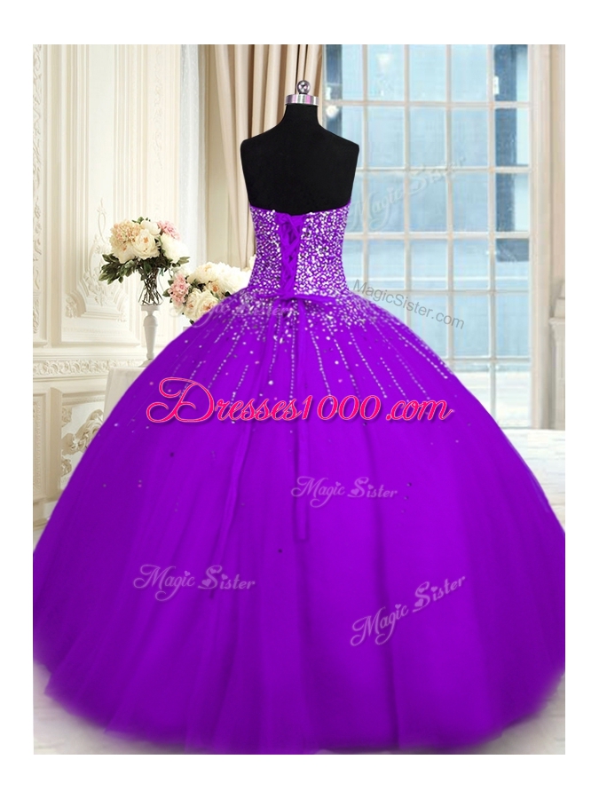 Floor Length Purple Quinceanera Gown Tulle Sleeveless Beading