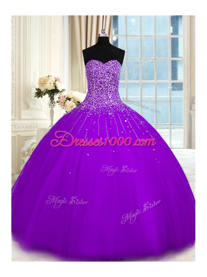 Floor Length Purple Quinceanera Gown Tulle Sleeveless Beading