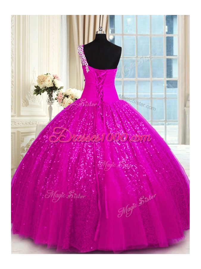 Fuchsia Ball Gowns One Shoulder Sleeveless Lace Floor Length Lace Up Appliques 15th Birthday Dress