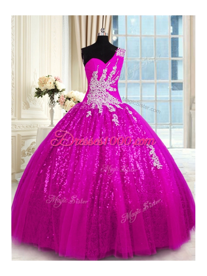 Fuchsia Ball Gowns One Shoulder Sleeveless Lace Floor Length Lace Up Appliques 15th Birthday Dress