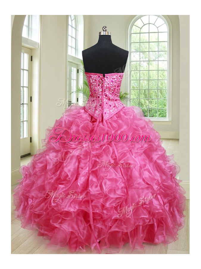 Ideal Hot Pink Sleeveless Beading and Ruffles Floor Length Quinceanera Dresses