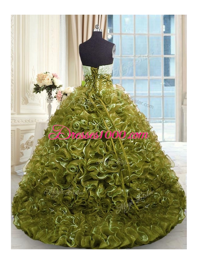 Lovely With Train Olive Green 15th Birthday Dress Organza Brush Train Sleeveless Beading and Ruffles
