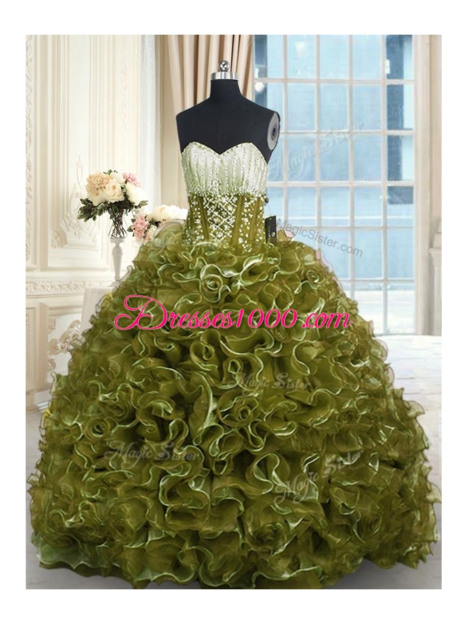 Lovely With Train Olive Green 15th Birthday Dress Organza Brush Train Sleeveless Beading and Ruffles