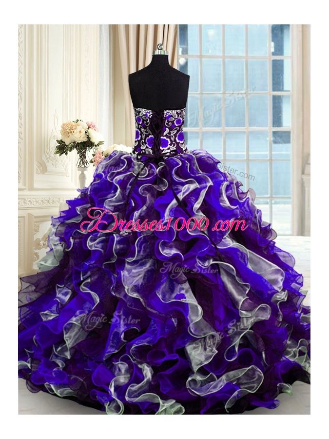 Multi-color Lace Up Sweetheart Beading and Ruffles Quince Ball Gowns Organza Sleeveless