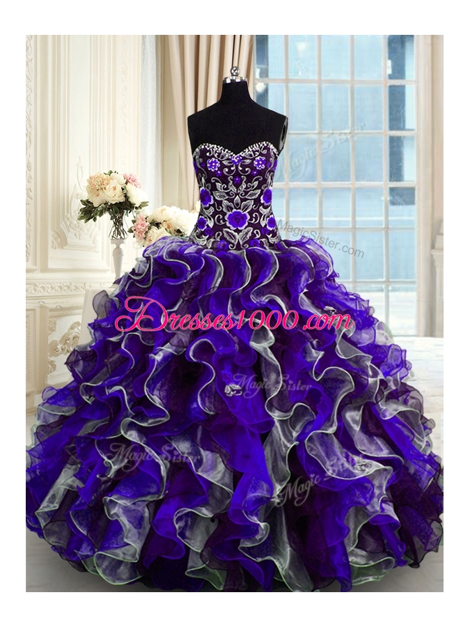 Multi-color Lace Up Sweetheart Beading and Ruffles Quince Ball Gowns Organza Sleeveless