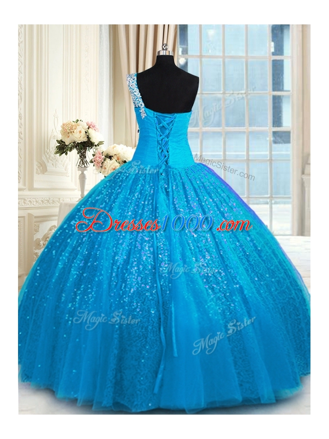 One Shoulder Baby Blue Sleeveless Floor Length Appliques Lace Up 15 Quinceanera Dress