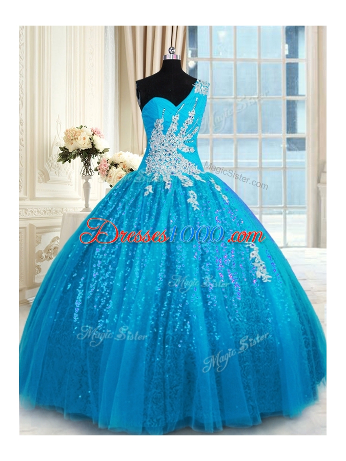 One Shoulder Baby Blue Sleeveless Floor Length Appliques Lace Up 15 Quinceanera Dress