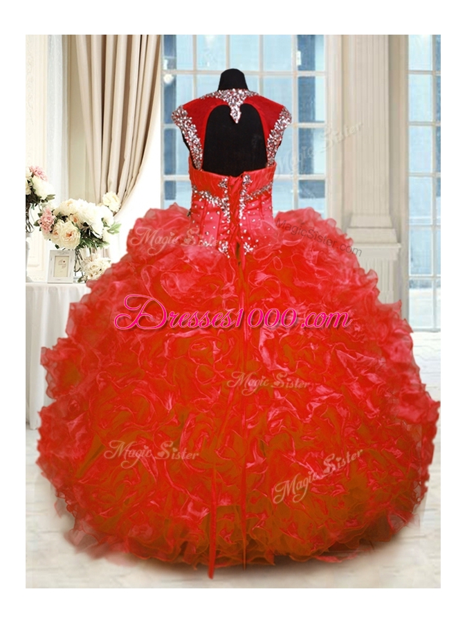 Red Ball Gowns Organza Straps Cap Sleeves Beading and Ruffles Floor Length Lace Up 15th Birthday Dress