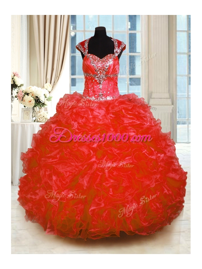 Red Ball Gowns Organza Straps Cap Sleeves Beading and Ruffles Floor Length Lace Up 15th Birthday Dress