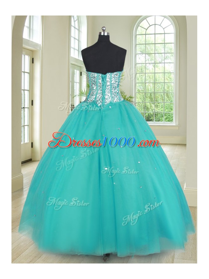 Simple Sweetheart Sleeveless Ball Gown Prom Dress Floor Length Beading Aqua Blue Tulle