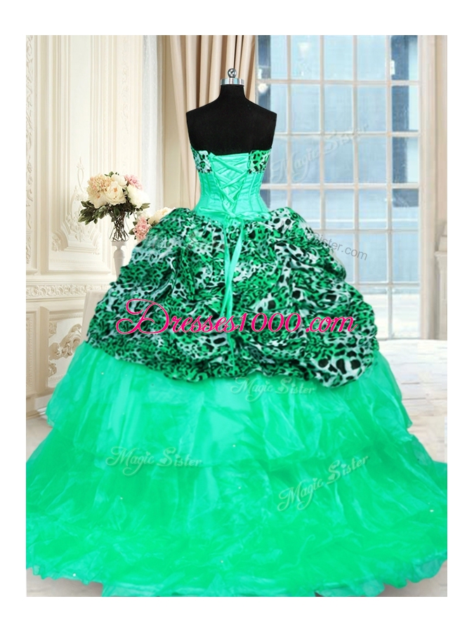 Superior Strapless Sleeveless Quinceanera Dress Sweep Train Beading and Ruffled Layers Turquoise Organza and Printed