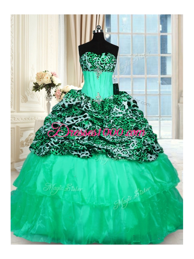 Superior Strapless Sleeveless Quinceanera Dress Sweep Train Beading and Ruffled Layers Turquoise Organza and Printed