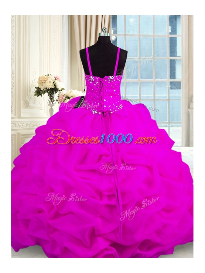 Beautiful Sleeveless Organza Floor Length Lace Up Quinceanera Gowns in Fuchsia for with Beading and Pick Ups