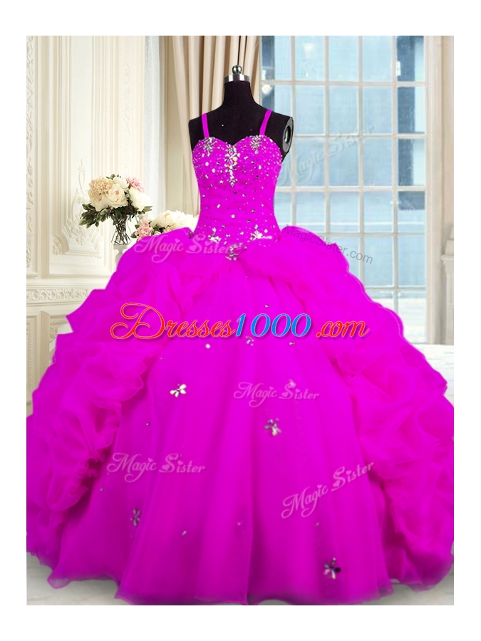 Beautiful Sleeveless Organza Floor Length Lace Up Quinceanera Gowns in Fuchsia for with Beading and Pick Ups