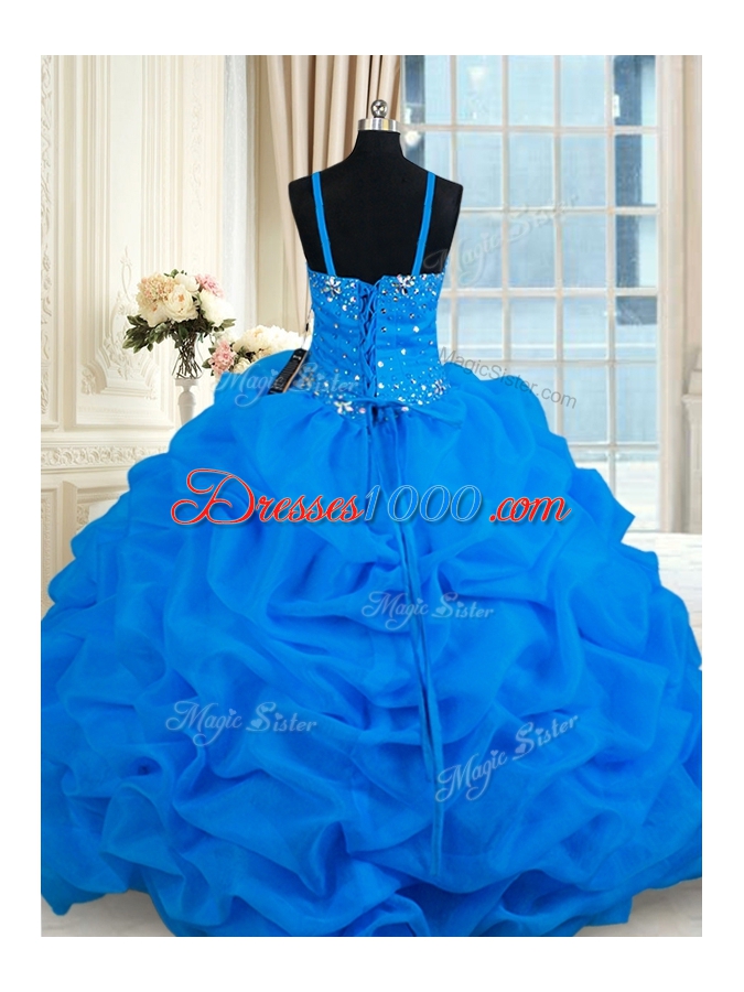 Blue Spaghetti Straps Neckline Beading and Pick Ups 15th Birthday Dress Sleeveless Lace Up