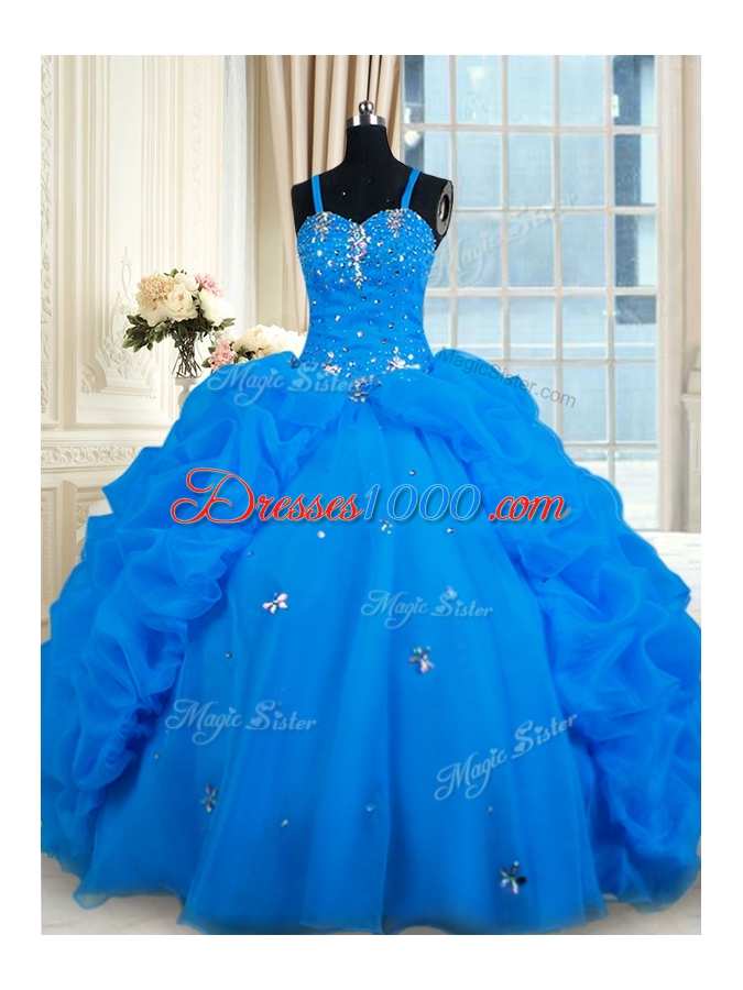 Blue Spaghetti Straps Neckline Beading and Pick Ups 15th Birthday Dress Sleeveless Lace Up