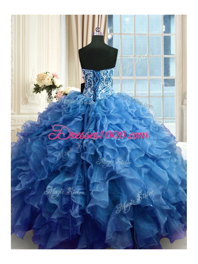 Captivating Blue Ball Gowns Organza Sweetheart Sleeveless Beading and Ruffles Floor Length Lace Up Vestidos de Quinceanera