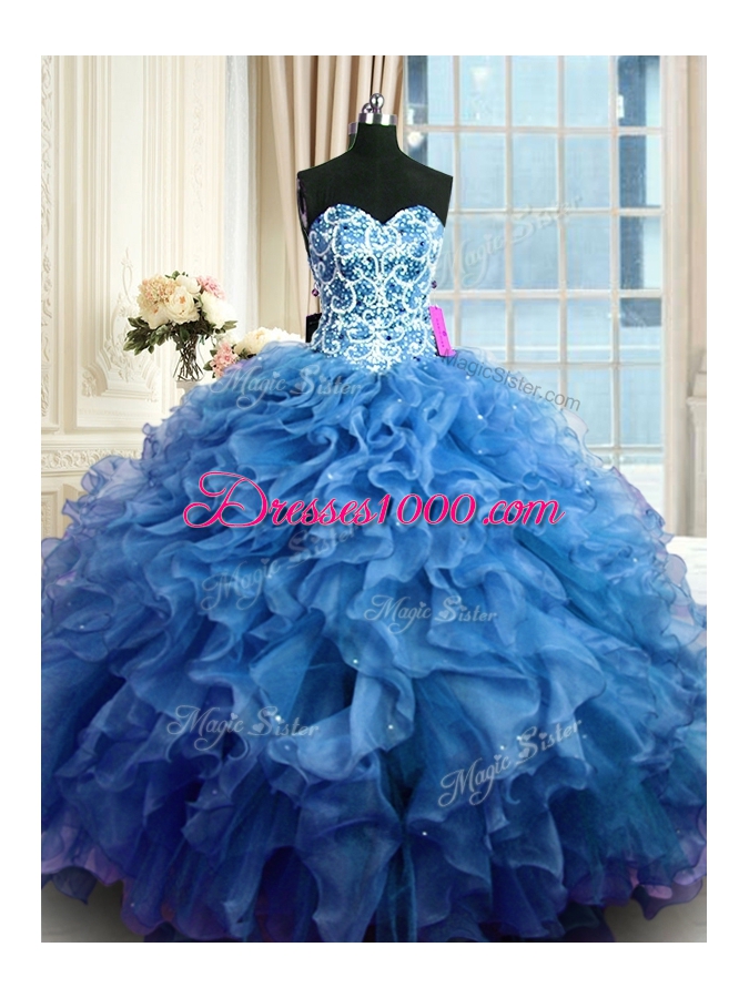 Captivating Blue Ball Gowns Organza Sweetheart Sleeveless Beading and Ruffles Floor Length Lace Up Vestidos de Quinceanera