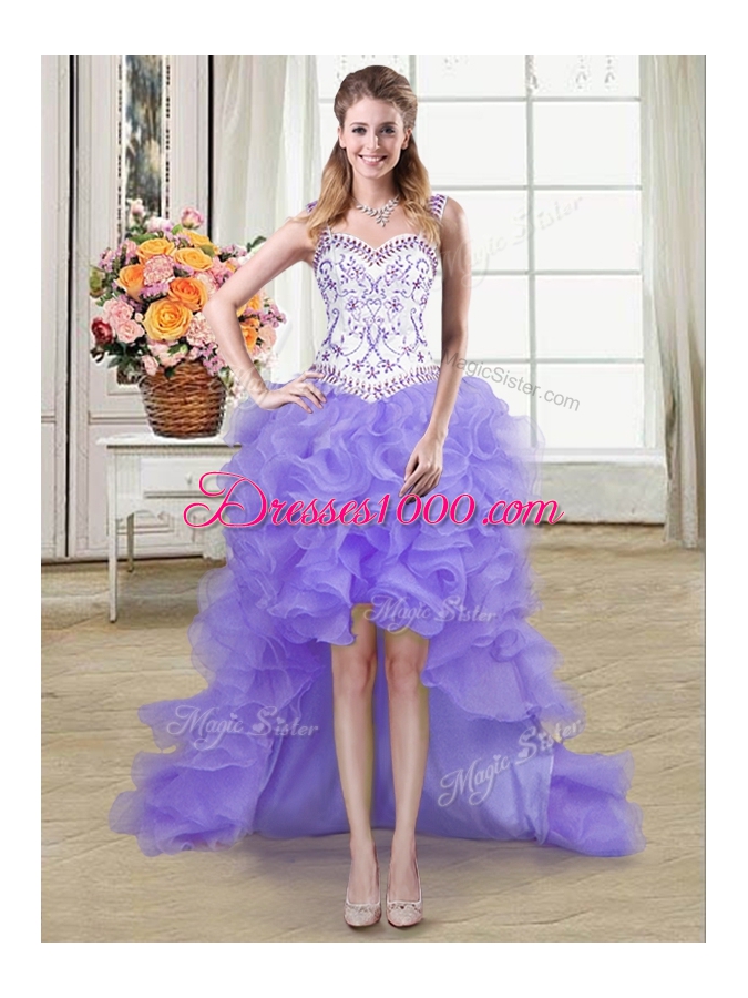 Captivating Four Piece Ball Gowns 15th Birthday Dress Lavender Straps Organza Sleeveless Floor Length Lace Up