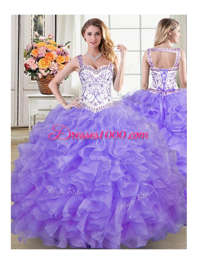 Captivating Four Piece Ball Gowns 15th Birthday Dress Lavender Straps Organza Sleeveless Floor Length Lace Up